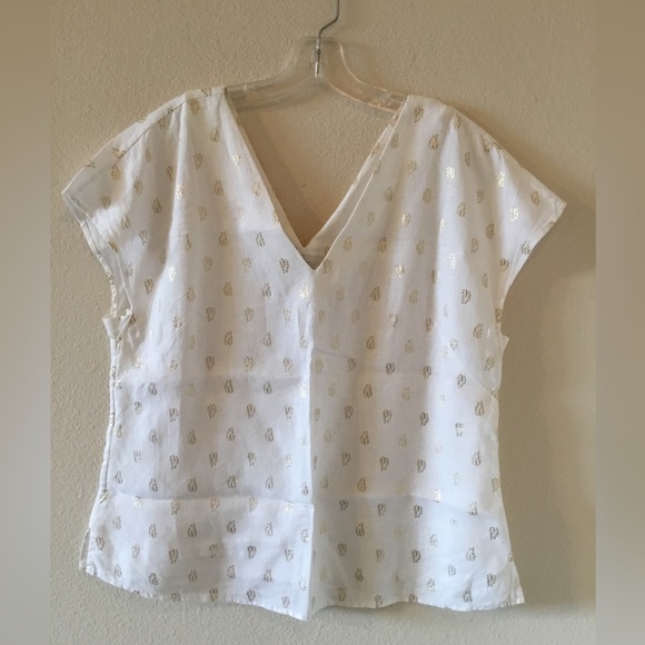 Boden Tops Boden Ivory Gold Palm Stamped Alexandra Linen Blouse Us